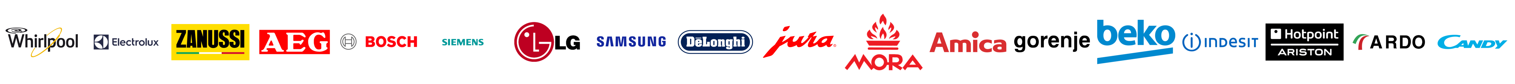 WHIRLPOOL, ELECTROLUX, ZANUSSI, AEG, BOSCH, SIEMENS, LG, SAMSUNG, DE LONGHI, JURA, MORA, AMICA, GORENJE, BEKO, INDESIT, ARISTON, PHILCO, CANDY